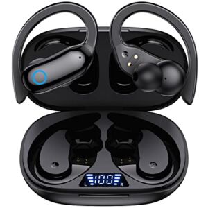 GNMN Headphones Wireless Earbuds 48hrs Playback IPX7 Waterproof Earphones Over-Ear Stereo Bass Headset with Earhooks Microphone LED Battery Display for Sports/Workout/Gym/Running Black
