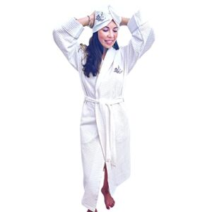 ELYSIA – Luxury Cotton Waffle Knit Robe with Hair Towel Wrap Set for Women – Hotel Spa Robe 100% Turkish Cotton Shawl Collar, Large/Extra Large