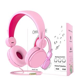 Charlxee Kids Headphones,Wired Headsets with Built-in Mic for Boys Girls Teen,On/Over Ear HD Stereo for Online Study/School/Travel with Nylon Cable (Pink)