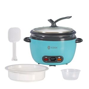 ICOOK 5-Cup Uncooked 10-Cup Cooked Rice Cooker 1L Grains,Oatmeal,Cereals Cooker,Rice Warmer Steamer,Small Mini Rice Cooker Removable Nonstick Pot,Full View Glass Lid,Stand Plastic Knob,Blue