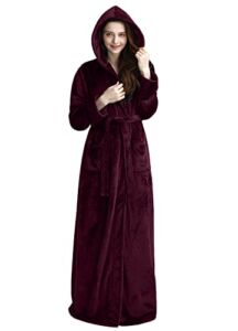 Hellomamma Long Hooded Robe for Women Luxurious Flannel Fleece Full Length Bathrobe Winter Warm Pajamas Shower Nightgown