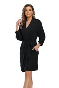 Womens Robes Lightweight Knit Bathrobe Sleepwear Short Kimono Robes Soft V-neck Ladies Loungewear Black-L