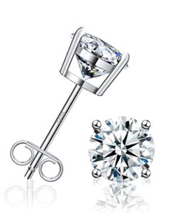 Stud Earrings for Women/Men, FCINOS 18K White Gold Plated S925 Sterling Silver 2 CT D Color VVS1 Clarity Round Cut Moissanite Lab Created Diamond Earrings Promise Birthday Christmas Gift (1 Pair)