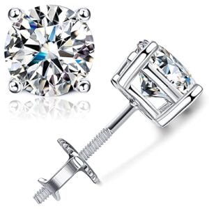 GEMQUEEN Moissanite Stud Earrings 1-2ct Brilliant Round Cut D Color VVS1 Clarity Lab Created Diamond Earrings 18K White Gold Plated Hypoallergenic Sterling Silver Moissanite Stud Earrings with 925 Sterling Silver Screw Back