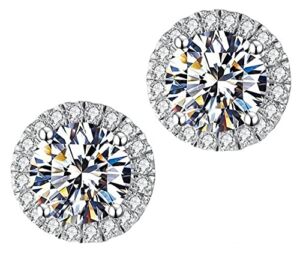 Moissanite Halo Stud Earrings for Women, Men,0.6ct-2ct DF Color, 925 Sterling Silver with 18K White Gold Plated,Include Jewelry Box,with certificate (1ct Halo Round)