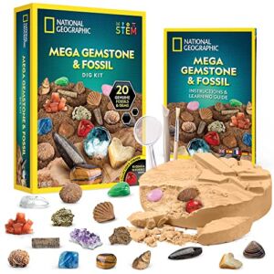 NATIONAL GEOGRAPHIC Mega Fossil and Gemstone Dig Kits – Excavate 20 Real Fossils and Gems, Great STEM Science Gift for Mineralogy and Geology Enthusiasts of Any Age