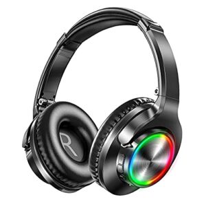 Wireless Bluetooth Headphones Over Ear, Hi-Fi Stereo Foldable Bluetooth 5.0 Headset with Built-in Microphones and RGB Light, 40 Hours Playtime, Fast Charge for Adults Kids School Travel Home Office