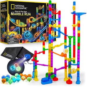 NATIONAL GEOGRAPHIC Glowing Marble Run – 150 Piece Construction Set with 30 Glow in the Dark Glass Marbles, Mesh Storage Bag, Great Creative STEM Toy for Girls and Boys