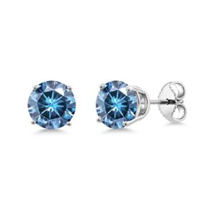 Gem Stone King 925 Sterling Silver Vivid Persian Blue Round Created Moissanite Stud Earrings For Women (2.00 Cttw, Round 6.5MM)