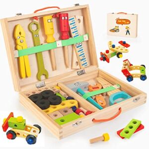 Bravmate Kids Tool Set, Pretend Play Toddler Wooden Tool Toys with Tool Box, Educational DIY STEM Toys for Boys and Girls Age 3, 4, 5 and Up (37 Pieces)