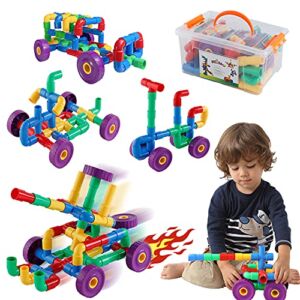 ZOZOPLAY STEM Learning Toy Tubular Pipes & Spouts & Joints 64 Piece Build Bicycle, Tank, Scootie, Moter Skills Endless Designs Educational Building Blocks Set for Kid Ages 3+ Multicolor