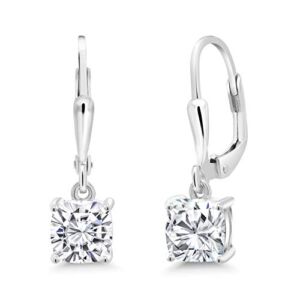 925 Sterling Silver White Created Moissanite by Gem Stone King Dangle Earrings For women (2.20 Cttw, Cushion 6MM)
