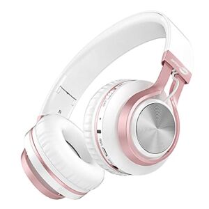 Wireless Over Ear Headphones, BASEMAN Long Battery Life Deep Bass Bluetooth Headphones with Microphone Wireless and Wired Headset for Computer iPhone Teens Girls Women School Travel – White Rose Gold
