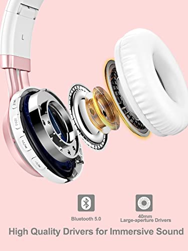 Wireless Over Ear Headphones, BASEMAN Long Battery Life Deep Bass Bluetooth Headphones with Microphone Wireless and Wired Headset for Computer iPhone Teens Girls Women School Travel – White Rose Gold | The Storepaperoomates Retail Market - Fast Affordable Shopping
