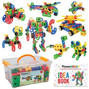 PicassoTiles STEM Learning Toys 152 Piece Building Block Set Kid Toy Construction Engineering Kit Educational Blocks w/ Idea Book Design Guide, Storage Carry Box, Power Drill, Ratchet, Age 3+ PTN152
