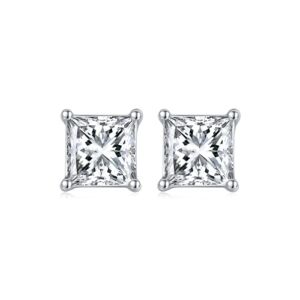 TwoBirch 1 Carat Princess Moissanite Stud Earrings (4.5 x 4.5 mm, Certified) set in Platinum Plated Silver