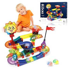 Dlordy Glowing Marble Run for Kids, 110 PCS Marble Race Track, Marbles Game, Marble Maze, Construction Building Toys, STEM Education Toys for Boys Girls Translucent Toys with 2 Light-up Balls
