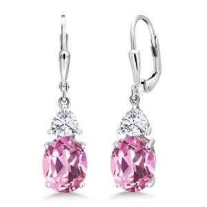 Gem Stone King 925 Sterling Silver Oval Light Pink Created Sapphire and White Created Moissanite Dangle Earrings For Women (6.94 Cttw)