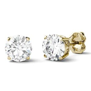Charles & Colvard Forever One 6.5mm Round Cut Moissanite Stud Earrings for Women | 2 cttw DEW | Lab Grown | Solid 14K Yellow Gold