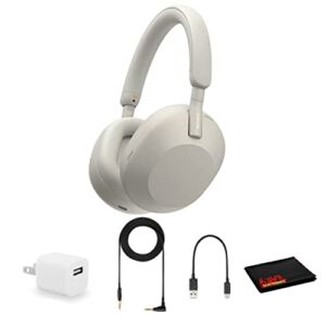 Sony WH-1000XM5 Noise-Canceling Wireless Over-Ear Headphones (Silver), 30 Hours Playback Time, Hands-Free Calling, Alexa Voice Control – Kit with Charging Cube