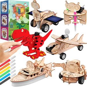 Classyideas 6 in 1 STEM Kit Toys for 8 9 10 11 12 Years Old Boys Girls, Wooden STEM Toys Set with Paint Pen Crafts for Kids, STEM Projects for Kids Ages 8-12, 3D Building Puzzles, DIY Science Toys