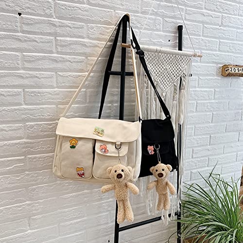 Canvas Crossbody Bag with Kawaii Pins and Pendent for Women Girls Casual Shoulder Messenger Bag Students Schoolbag | The Storepaperoomates Retail Market - Fast Affordable Shopping