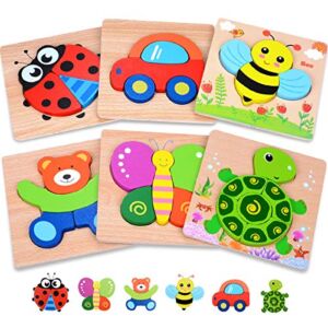 Playtime by Magifire Wooden Puzzles for Toddlers Set of 6: Early Developmental STEM Toy for Babies Aged 1-3 Years; Stocking Suffers for Toddlers – Ladybug, Car, Bee, Teddy Bear, Butterfly, Turtle