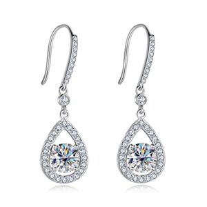 2ct Moissanite Cushion Dangle Halo Drop Earrings, D Color Lab Created Diamond Sterling Silver Luxury Hook Earrings for Women with GRA Certificate (Round Cut)