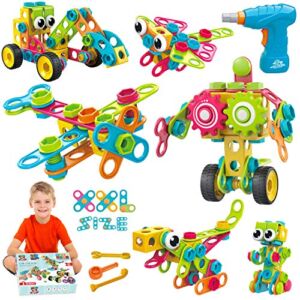 STEM Toys KIT 223 PCS w/ Drill | Educational Construction Set + Mechanical Screwdriver, Creative Construction Toys, Building Blocks, Car Wheels Cogs Learning Set for Boys & Girls 4 5 6+ Years Old