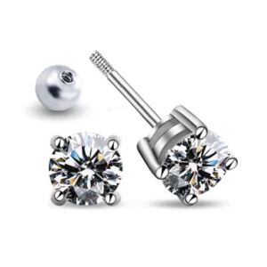 Moissanite Stud Earrings, 0.6-2ct Round Cut Lab-Created Diamond Earrings｜18K White Gold Plated 925 Sterling Silver Cubic Zirconia Stud Earrings, Hypoallergenic, Reversible (0.6 carats)