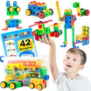Brickyard Building Blocks STEM Toys – Educational Building Toys for Kids Ages 4-8 with 163 Pieces, Tools, Design Guide and Toy Storage Box, Gift for Boys & Girls