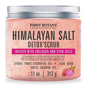 Himalayan Salt Body Scrub with Collagen and Stem Cells – Natural Exfoliating Salt Scrub & Body and Face Souffle helps with Moisturizing Skin, Acne, Cellulite, Dead Skin Scars, Wrinkles (11 oz)