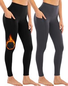 YEZII 2 Pack Fleece Lined Leggings with Pockets for Women,High Waisted Winter Yoga Pants BlackDark Gray-L