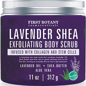 Lavender Oil Body Scrub Exfoliator with Shea Butter, Collagen, Stem Cells, Grapefruit Oil – Natural Exfoliating Salt Scrub & Body and Face Souffle helps with Moisturizing Skin, Acne, Cellulite, Dead Skin Scars, Wrinkles – 11 oz