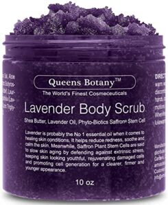 Lavender Oil Body Scrub – Moisturizing Shea Butter, Saffron & Nourishing Body Oils – Exfoliating Salt Scrub For Body-Win Against Aging, Stretch Marks, Cellulite, Acne & Dead Skin Scars- 10 oz