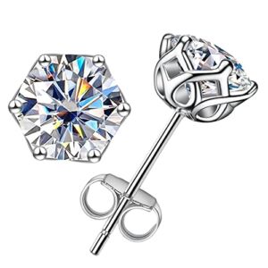 AnuClub Six Prong Moissanite Nest Stud Earrings, 2cttw D Color Round Cut Lab Created Diamond 18K Gold Plated Silver Earrings for Women