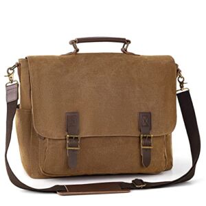 Mens Messenger Bag, 15.6 Inch Vintage Office College Shoulder Computer Bag, Large Water-resistant Canvas Leather Satchel Briefcase Laptop Bag for Men, Brown