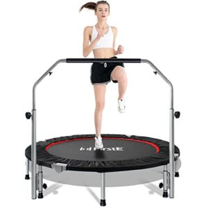 FirstE 48″ Foldable Fitness Trampolines, Rebound Exercise Trampoline with 4 Level Adjustable Heights Foam Handrail, Jump Trampoline for Kids and Adults Indoor&Outdoor, Max Load 440lbs Silver
