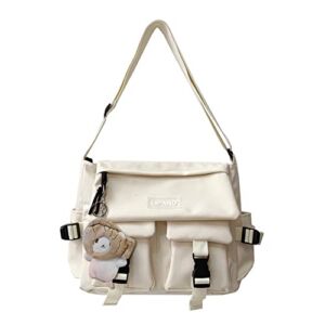 JQWYGB Kawaii Messenger Bag – Nylon Shoulder Bag for School Multi Pockets Crossbody Handbags Purse Aesthetic Messenger Bag with Cute Pendant (A White)