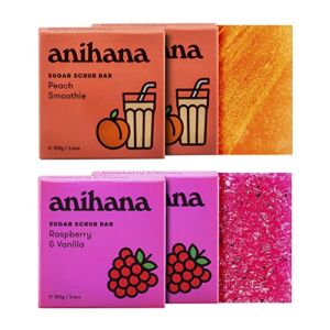 ANIHANA Sugar Scrub Bar | Raspberry & Vanilla, Peach Smoothie – Moisturizing, Gentle, Exfoliating Body Scrub | Variety Pack of 4 (2 of each)