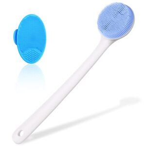 QiqaMole 1 Pack Silicone Shower Body Brush for Bath, Back Brush Scrubber, Non Slip Shower Brush Exfoliator with Long Handle, Soft Bristles & 1 Pack Face Cleansing Brush (Blue)