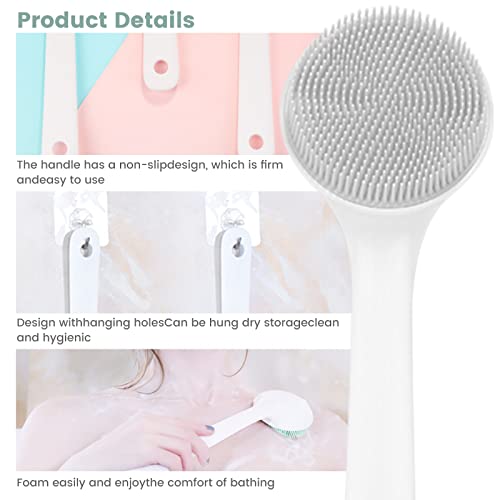 QiqaMole 1 Pack Silicone Shower Body Brush for Bath, Back Brush Scrubber, Non Slip Shower Brush Exfoliator with Long Handle, Soft Bristles & 1 Pack Face Cleansing Brush (Blue) | The Storepaperoomates Retail Market - Fast Affordable Shopping