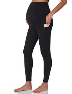 POSHDIVAH Women’s Maternity Fleece Lined Leggings Over The Belly Pregnancy Winter Warm Yoga Workout Active Pants with Pockets Black Large