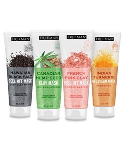 FREEMAN Beauty Exotic Blends Face Mask Variety Set with Clay, Peel-Off, Gel + Cream Facial Masks, Skin Care for Women, 4pk Tubes