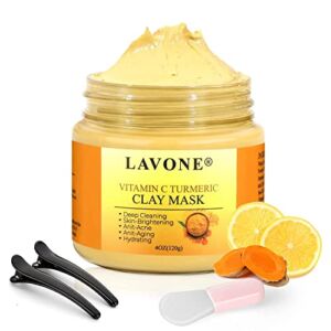 LAVONE Turmeric Vitamin C Clay Mask, Face Mask Skin Care with Vitamin C, Aloe and Turmeric Extract for Dark Spots, Ances, Blackheads, Controlling Oil and Refining Pores 4 Oz, for All Skin Types.