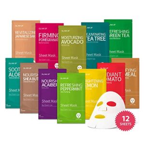 GLAM UP Sheet mask Facial Sheet Mask 12 Combo (Pack of 12) – Face Masks Skincare, Hydrating Face Masks, Moisturizing, Brightening and Soothing, Beauty Mask For All Skin Type
