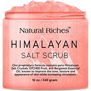 Natural Riches Himalayan Salt Exfoliating Body Scrub Lychee Bergamot Essential oil with Vitamin C – (12 Oz / 340 gm) Moisturize Deep Cleansing foot scrub body skin exfoliator
