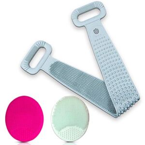 Extra Long Silicone Back Scrubber With Facial Cleansing Brush | Back Scrubber For Shower | Silicone Body Scrubber | Face Exfoliator, Back Scratcher, Bath Accessories | Cleanse and Soften Your Skin