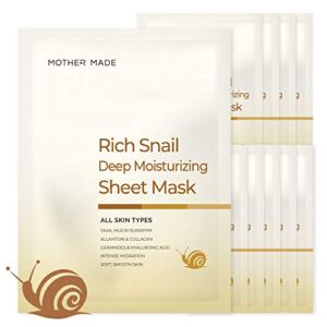 MOTHER MADE Deep Moisturizing Korean Face Masks (10 Pack) – Hydrating Face Mask with Snail Secretion Filtrate 10,000ppm, Vitamin C and E, Hyaluronic Acid for Glowing Skin | Natural Serum, Vegan Face Mask Sheets, Anti-aging
