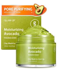 Glam Up – Moisturizing Avocado Clay Mask – Vegan Face Mask, Moisturizing Purifying Natural Clay Mask for Dry Skin, Gentle Exfoliating Pore Cleansing Skincare Face Mask, Blackhead remover – (125ml/4.23 Oz)